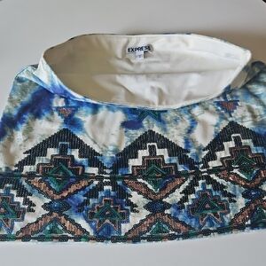 Express Blue and White Embellished Pencil Mini Skirt